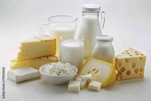 Assorted fresh dairy products including milk and cheese beautifully arranged on a clean white background, perfect for culinary and food concepts