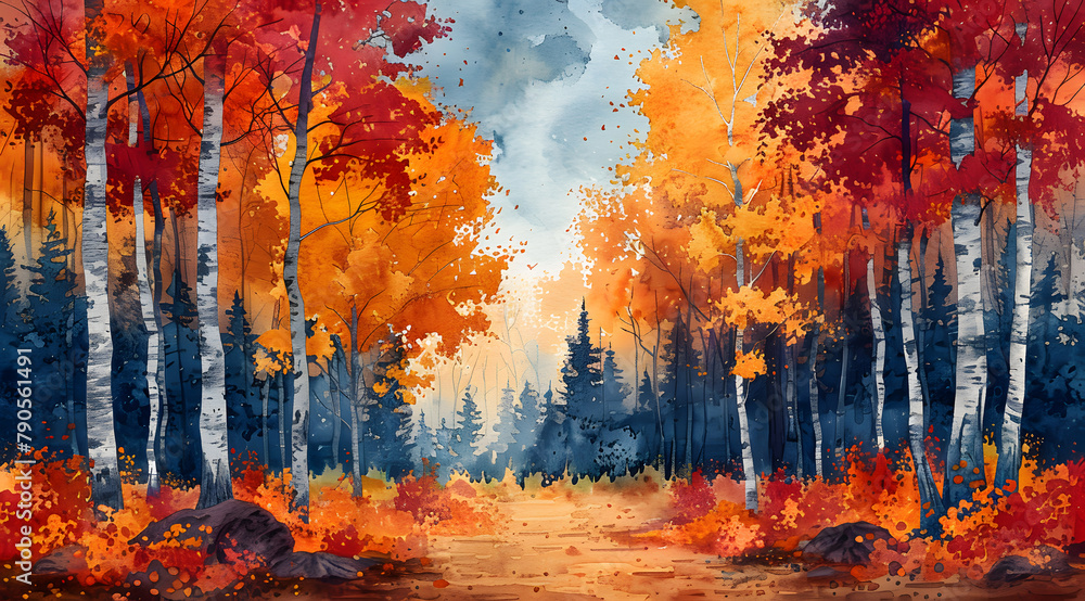 Fauvist Autumn: Vibrant Panoramic Watercolor of a Fiery Forest Landscape