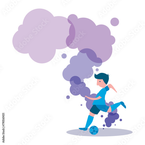Dynamic Football Player Kicking Ball with Purple Smoke Vector Illustration
