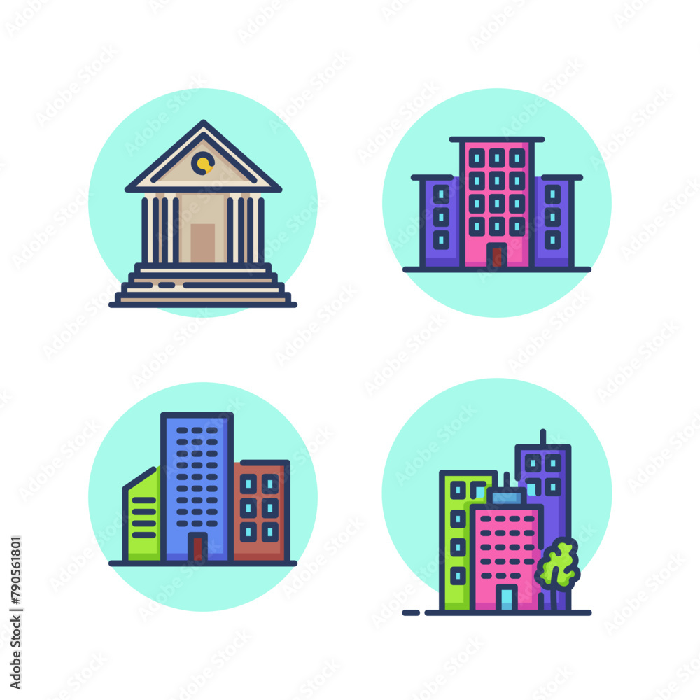 Commercial building line icon set. Bank, business center, high-rise, skyscraper, office building, cityscape. Business buildings concept. Vector illustration for web design and app