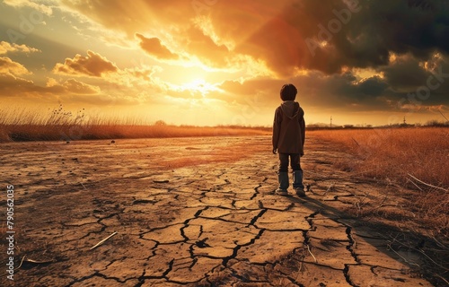 Child Facing Sunset on Cracked Earth