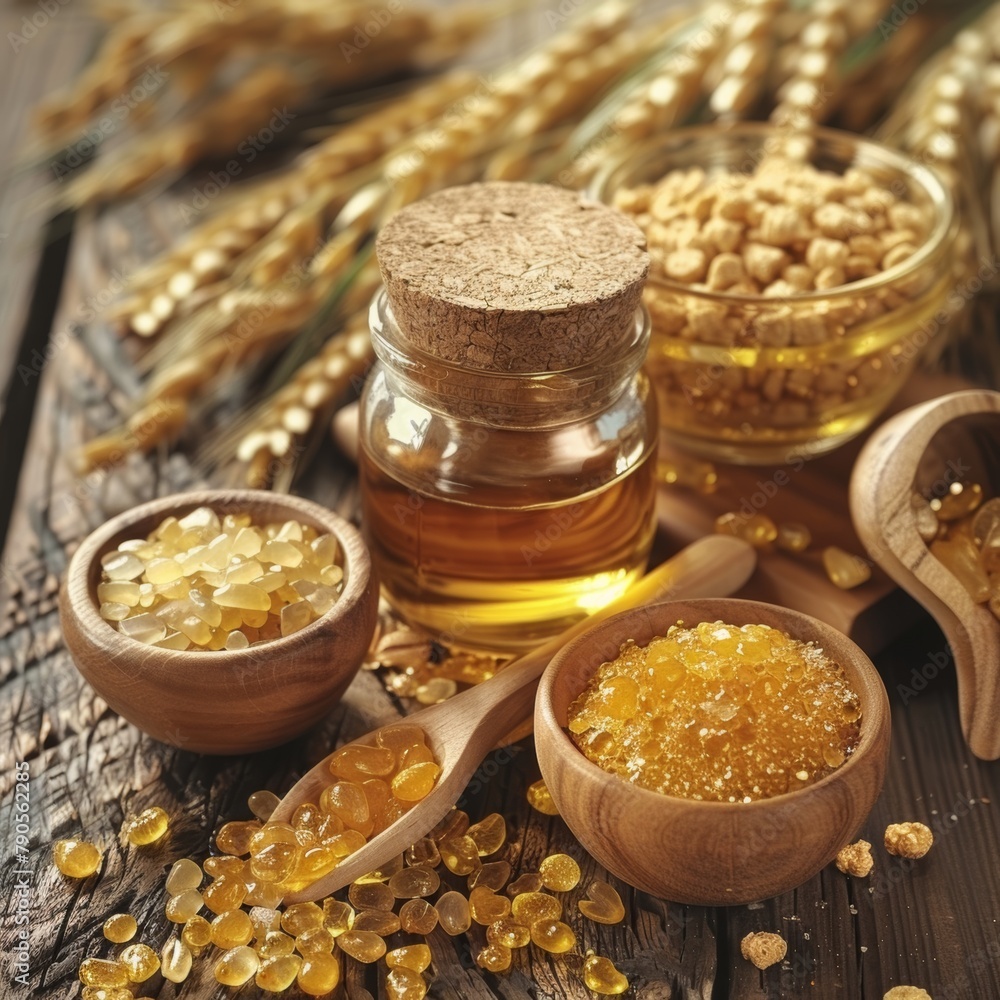 A wooden table with a jar of oil, a bowl of nuts, and a spoon. The table is covered with a variety of nuts and seeds, including almonds, cashews, and sunflower seeds A wooden table with a jar of oil, a bowl of nuts, and a spoon. The table is covered with a variety of nuts and seeds, including almonds, cashews, and sunflower seeds