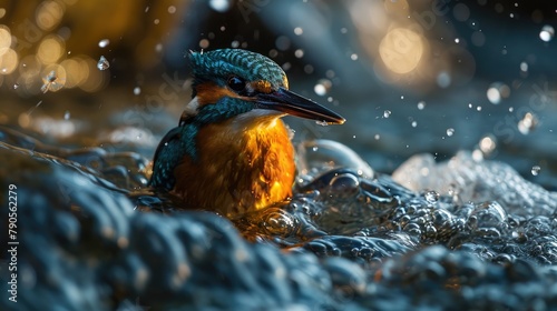 wonderful kingfisher on the dark water in splashes photo
