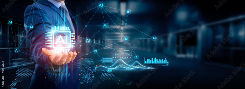 Businessman holding AI icon global structure, networking and data analytics, AI-powered connection, automated decision-making, personalized service, machine learning, smart network. Businessman holding AI icon global structure, networking and data analytics, AI-powered connection, automated decision-making, personalized service, machine learning, smart network.