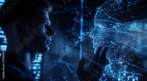 A man speaking with an AI hologram, digital twin of the future in which data and artificial intelligence have come together to create something new for business.