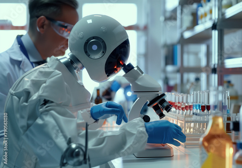 A humanoid robot is working in the laboratory, wearing blue gloves and a white lab coat, looking through a microscope at test tubes. In the background there is a scientist watching him from behind.