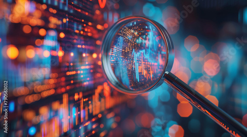 A magnifying glass over digital graphs and data visualizations, representing the process of examining financial market trends. The focus is on detailed textures in the digital patterns with a blurred 
