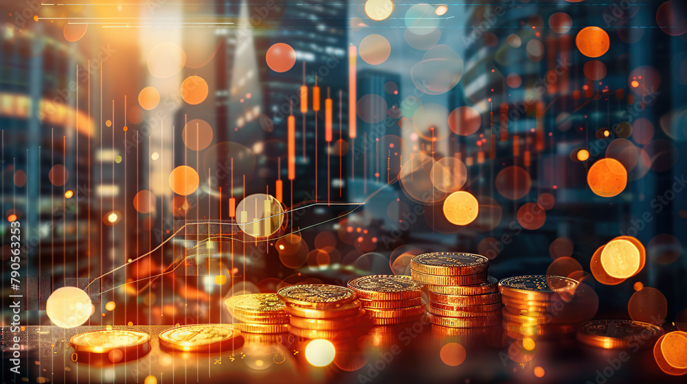 Obraz premium Economic crisis, financial background. Double exposure of Coins and US dollars bank note currency with financial graph chart falling due to global economic recession, stock market crash generative ai