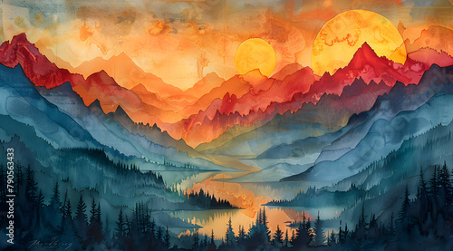 Dramatic Dawn: Panoramic Watercolor Scene with Encaustic Mountain Peaks #790563433