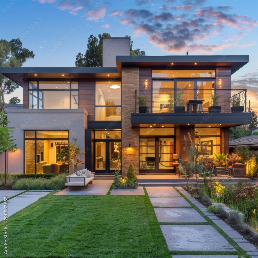 A large house with a large lawn and a patio. The house is well lit and has a modern design A large house with a large lawn and a patio. The house is well lit and has a modern design