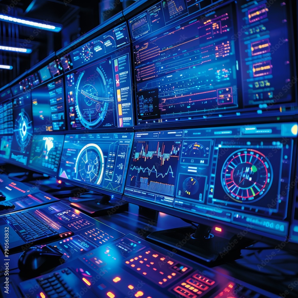 A computer monitor displays a number of screens with various colors and numbers. The screens are arranged in a grid, with some of them being larger than others. Scene is one of technology A computer monitor displays a number of screens with various colors and numbers. The screens are arranged in a grid, with some of them being larger than others. Scene is one of technology