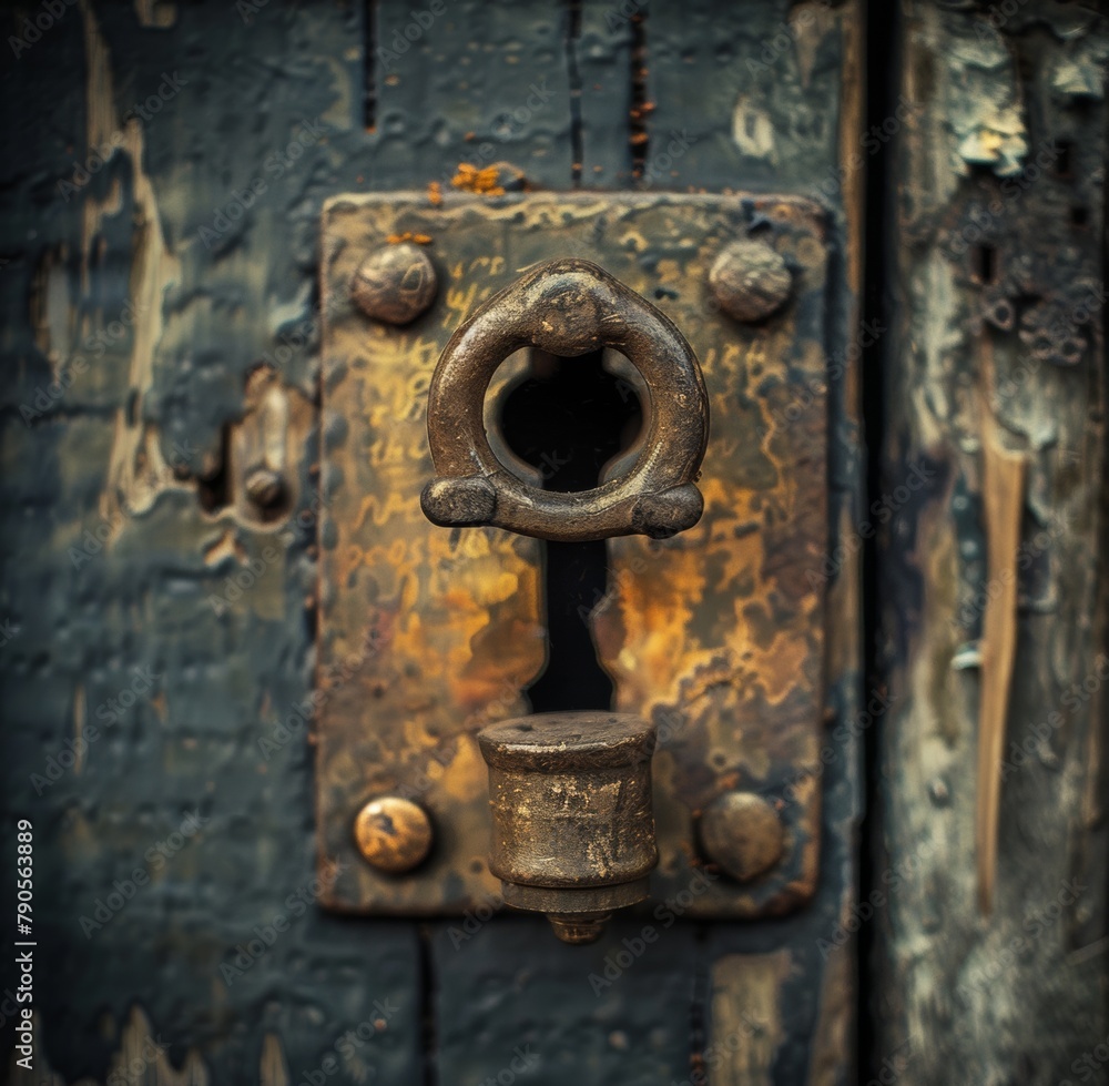 A rusty keyhole is shown in a close up. The keyhole is missing a key, and the door is locked. Scene is one of mystery and intrigue A rusty keyhole is shown in a close up. The keyhole is missing a key, and the door is locked. Scene is one of mystery and intrigue