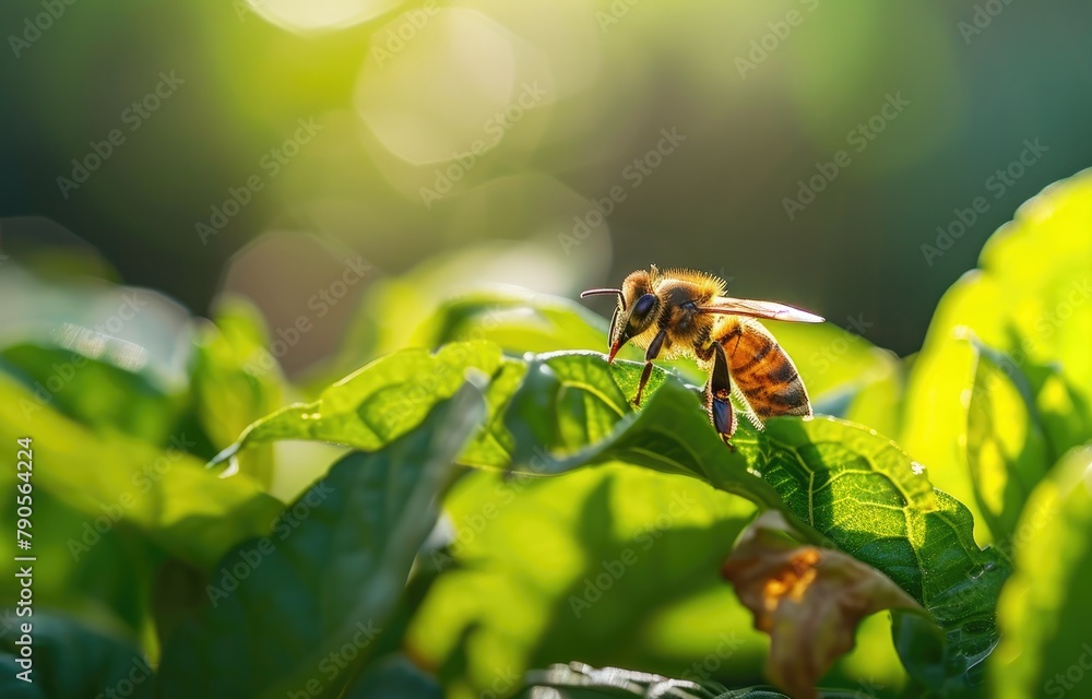Fototapeta premium Sunlit Honeybee on Leaf