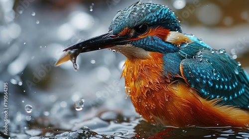 wonderful kingfisher on the dark water in splashes photo