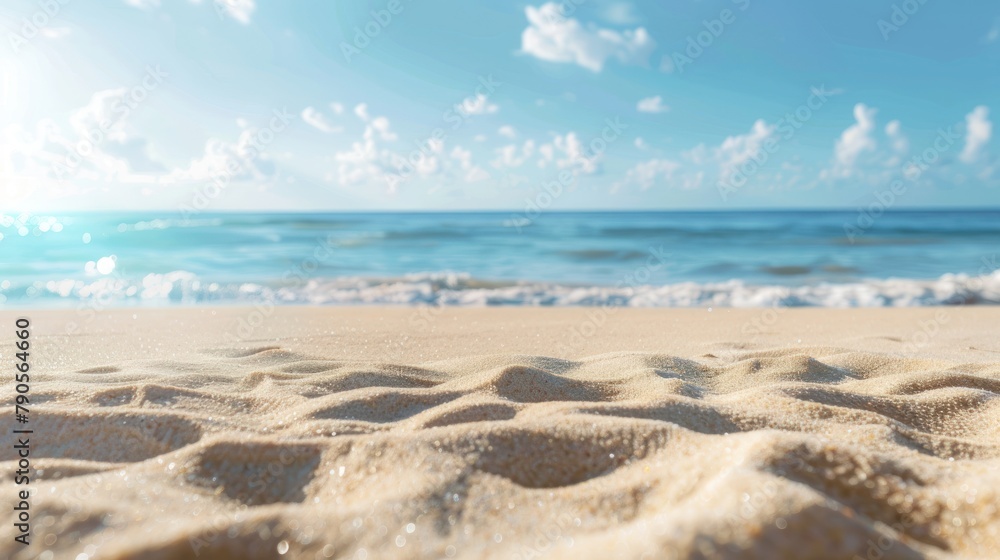 Summer sandy beach with blur ocean on background 