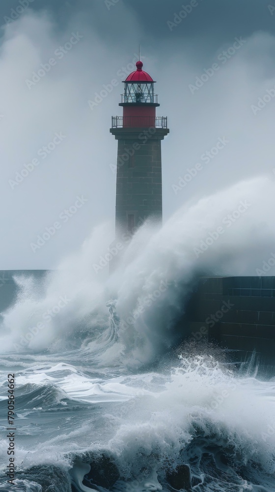 A lighthouse is seen in the background as a large wave crashes over it. AI.