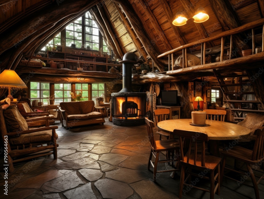 A large living room with a wood stove and lots of furniture. AI.