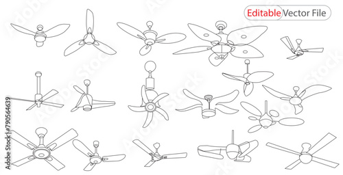  ceiling fan Line Art Style Design Isolated On White Background. Vector Art, Icons, and Graphics. Ceiling Fan Logo Design Template.  ceiling fan icon isolated sign symbol. Set ceiling fan Outline icon