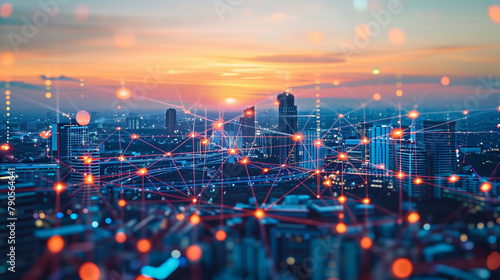 Futuristic smart city with interconnected network nodes overlaying an urban skyline 
