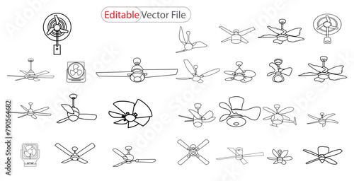 Set ceiling fan Outline icon.  ceiling fan Line Art Style Design Isolated On White Background. Vector Art, Icons, and Graphics. Ceiling Fan Logo Design Template.  ceiling fan icon isolated sign symbol