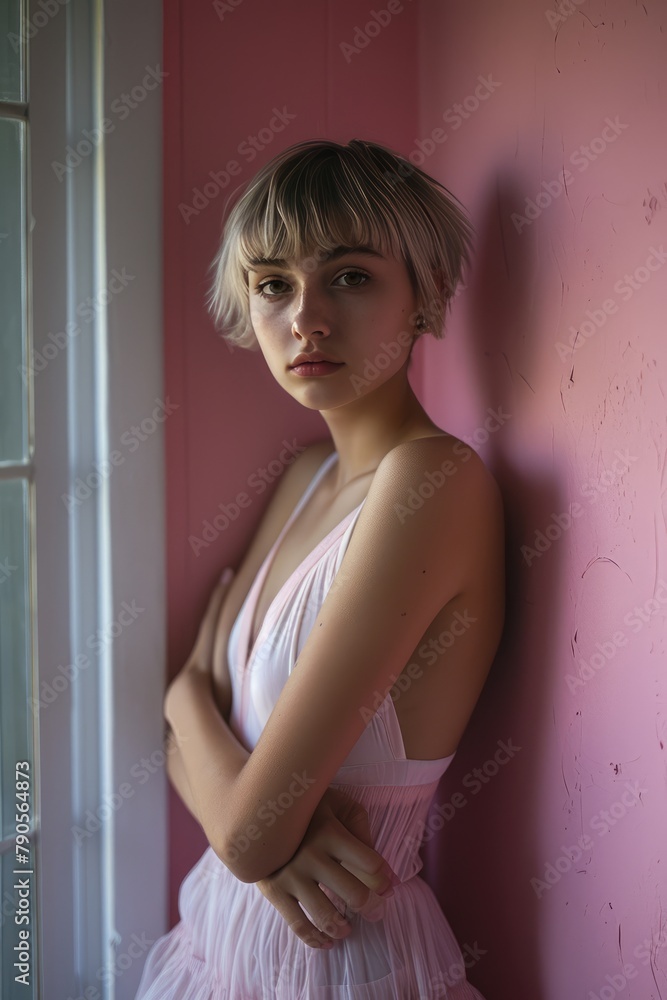 Elegant Woman in Pink by Window Elegant Woman in Pink by Window