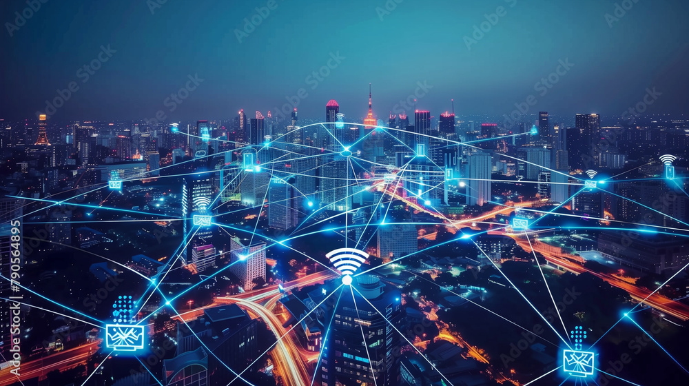 Futuristic smart city with interconnected network nodes overlaying an urban skyline 
