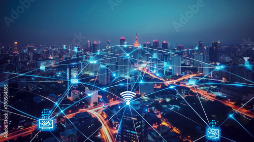 Futuristic smart city with interconnected network nodes overlaying an urban skyline 