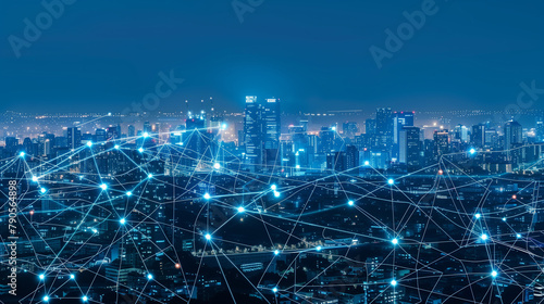 Futuristic smart city with interconnected network nodes overlaying an urban skyline 