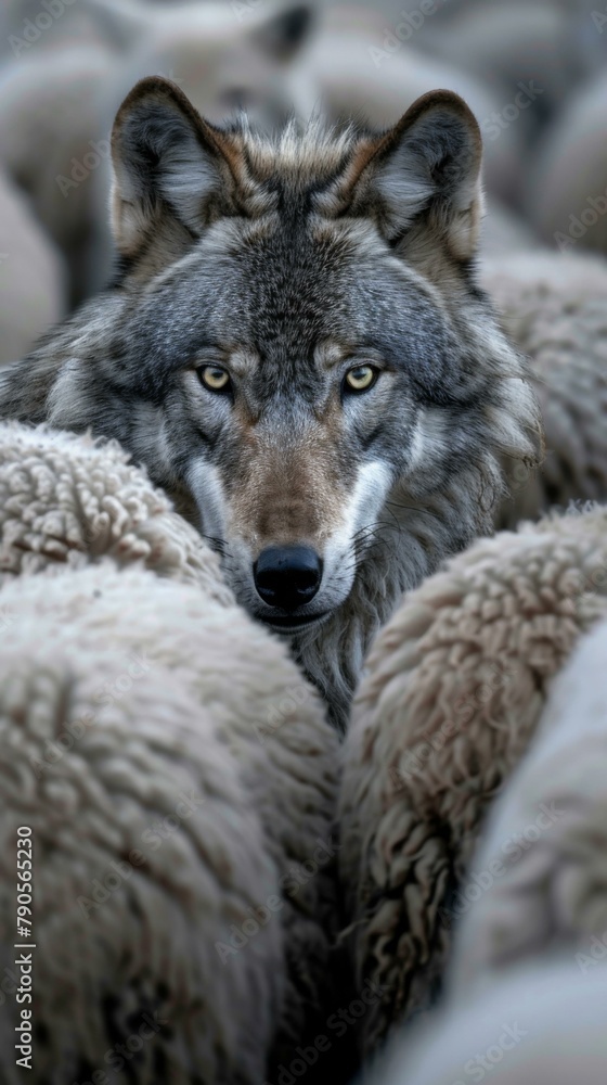 A wolf is surrounded by a herd of sheep in the background. AI.
