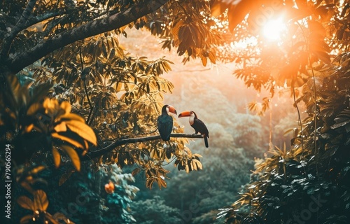Toucans in Sunlit Forest