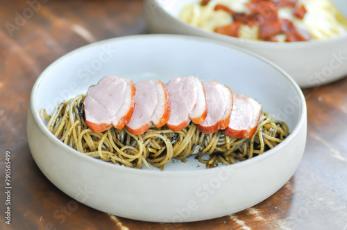 duck pasta or duck spaghetti or spicy spaghetti ,duck Spaghettini or pepper pasta or roasted duck pasta photo