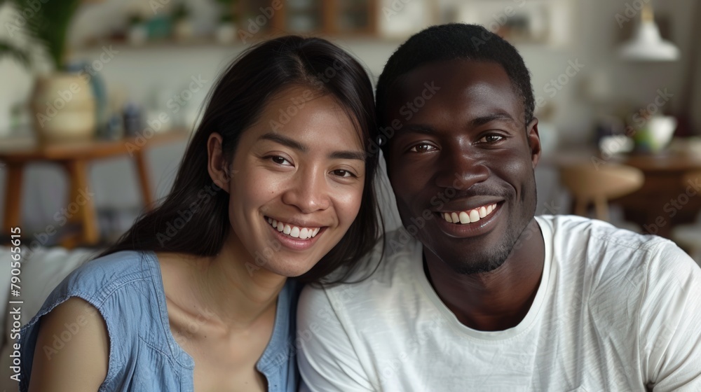 Cheerful multiracial couple sitting on sofa in the living room - Happy family moving in new home Cheerful multiracial couple sitting on sofa in the living room - Happy family moving in new home