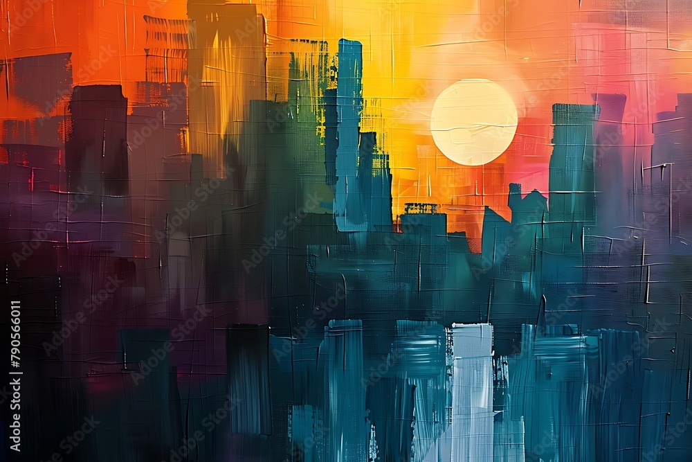 : An abstract interpretation of a skyline with a stylized sunset and a calming color palette, creating a peaceful and inviting atmosphere.