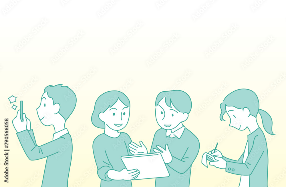 some students are doing press corps activities. including taking pictures, writing notes and discussing together. hand drawn illustration. some students are doing press corps activities. including taking pictures, writing notes and discussing together. hand drawn illustration.
