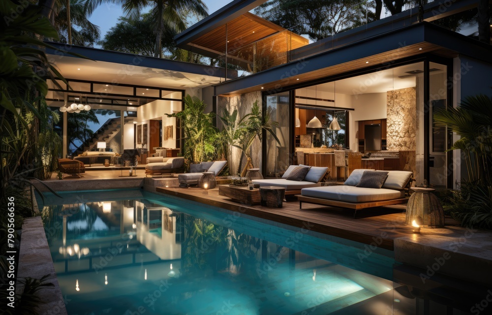 Modern Luxury Home with Pool at Dusk