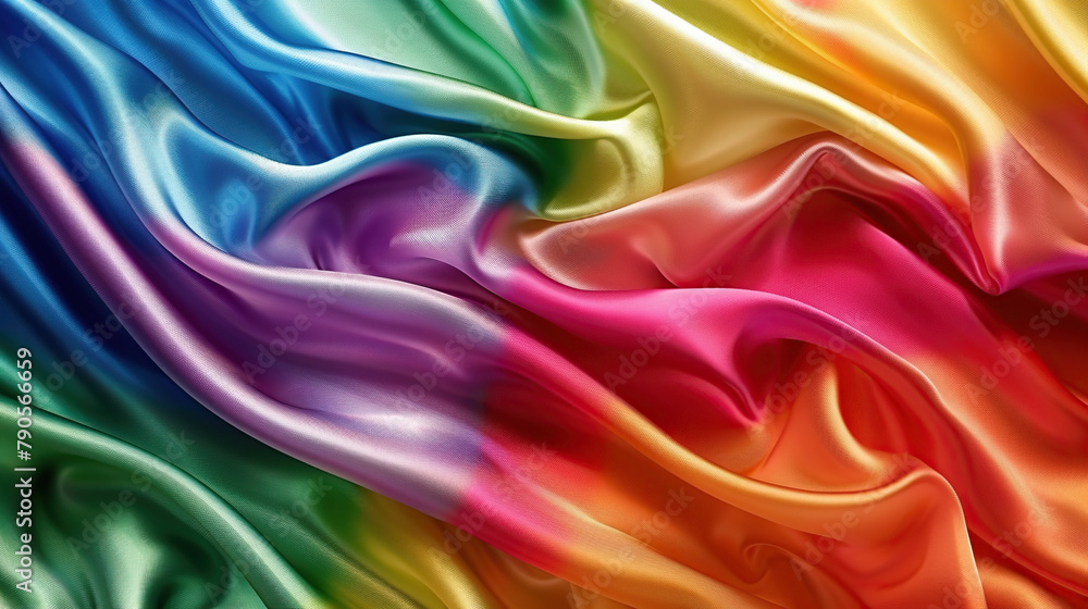 Fototapeta premium Rainbow flag colored silk satin background, full frame. Generative AI