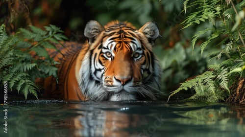 Tiger in Water Amidst Ferns