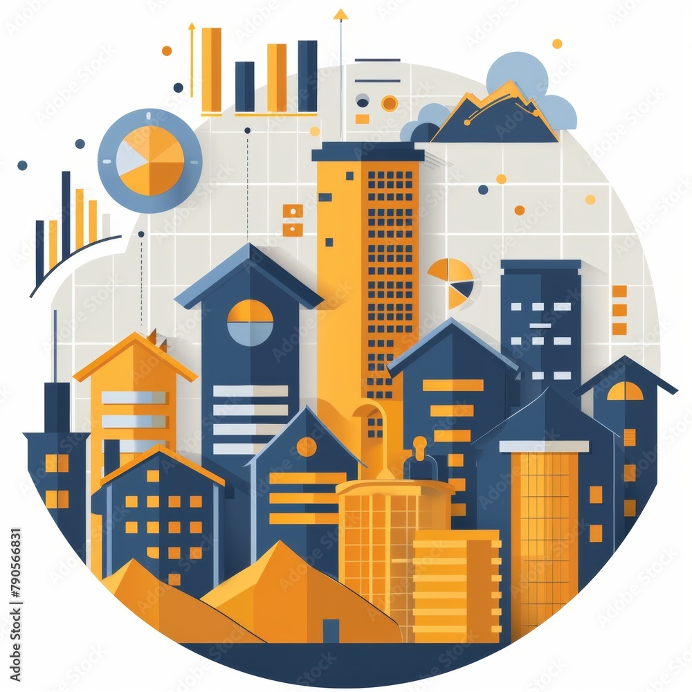 Naklejka premium A cityscape with tall buildings and a clock tower in the center. The buildings are in various shades of blue and orange, and the city appears to be bustling with activity. Concept of urban life