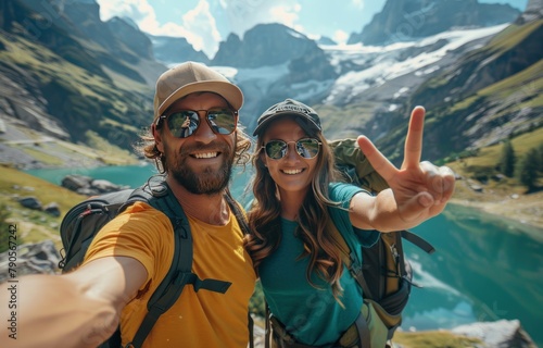 Young Couple hikers climbing the cliff taking selfie pic with smart mobile phone on top of the mountain - Sport, technology and travel life style concept
