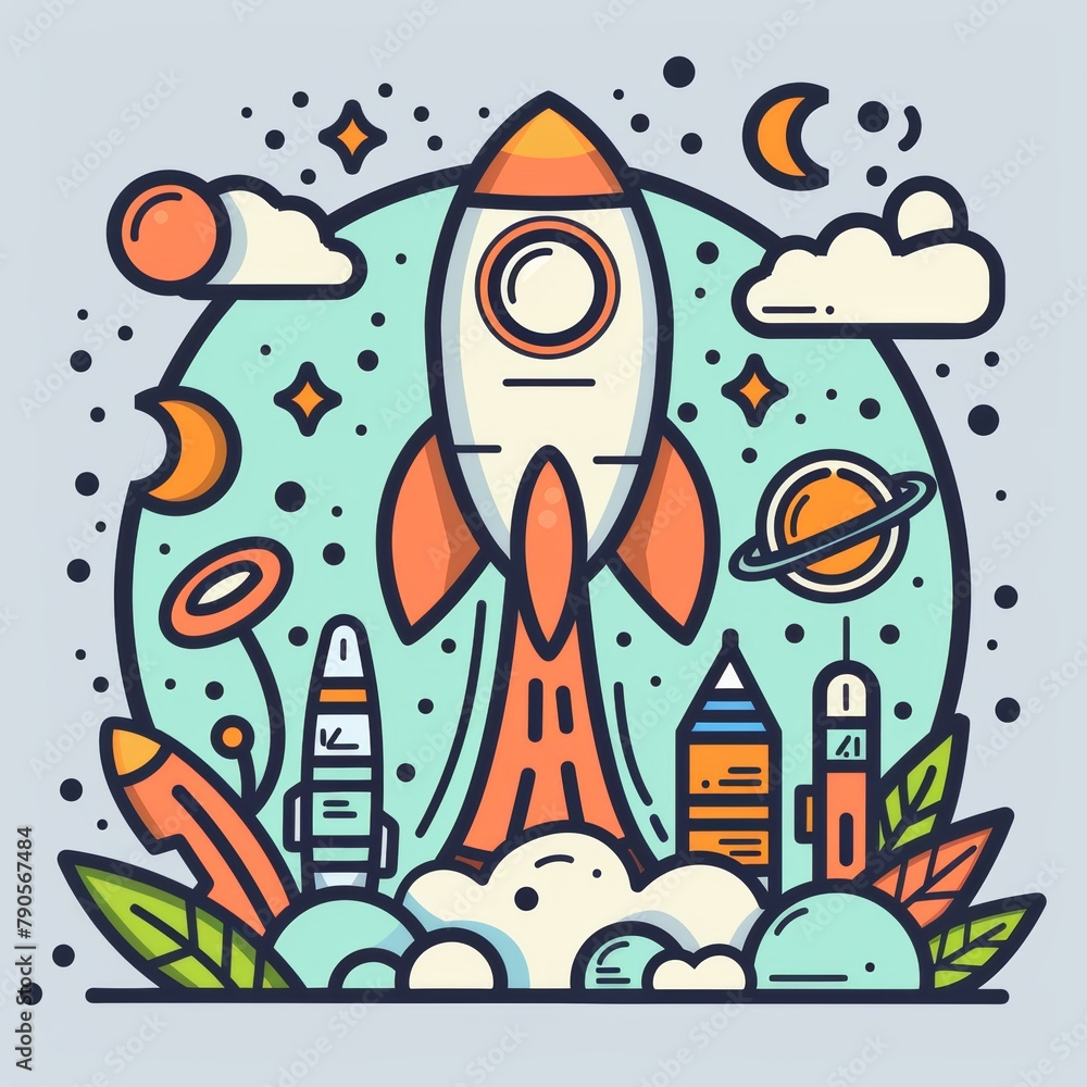 Fototapeta premium A rocket is launching into space with a city in the background. The rocket is orange and white, and the city is blue and green. The image has a sense of adventure and exploration