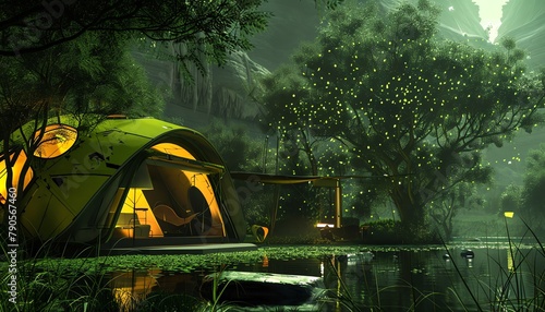 Design a 3D rendered composition combining elements of a wilderness campsite with elements of Surrealism  infusing nanotechnology motifs to create a dreamlike yet futuristic atmosphere