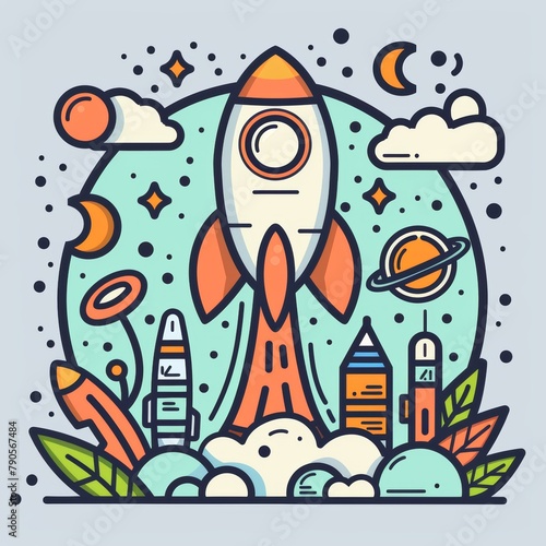 A rocket is launching into space with a city in the background. The rocket is orange and white, and the city is blue and green. The image has a sense of adventure and exploration