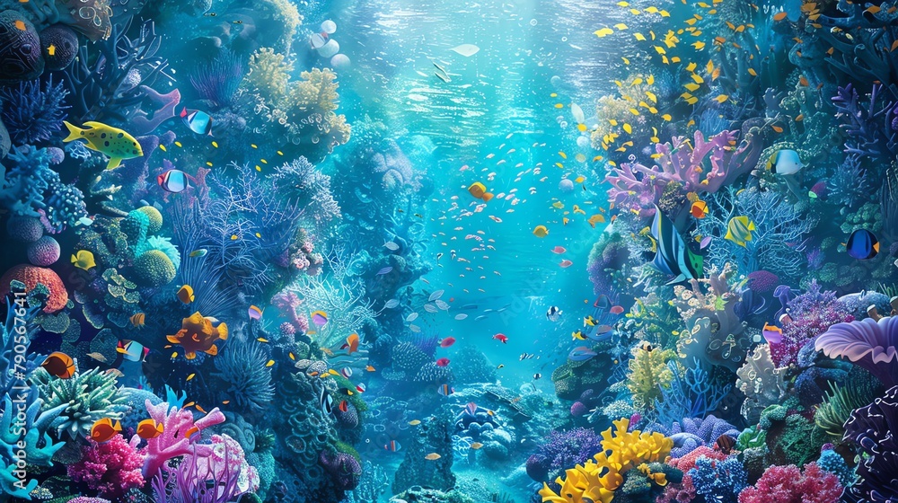 Obraz premium Explore the depths of creativity with a digital rendering of underwater worlds intertwined with biographical stories Play with color theory to evoke emotions and captivate viewers in a mesmerizing pan
