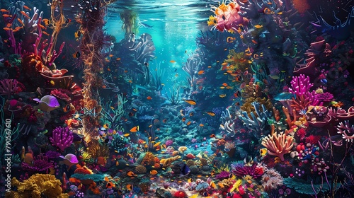 Explore the depths of creativity with a digital rendering of underwater worlds intertwined with biographical stories Play with color theory to evoke emotions and captivate viewers in a mesmerizing pan