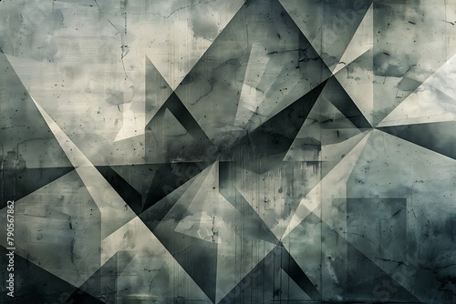 : Fractured lines, geometric shapes in muted tones, tranquility and contemplation.