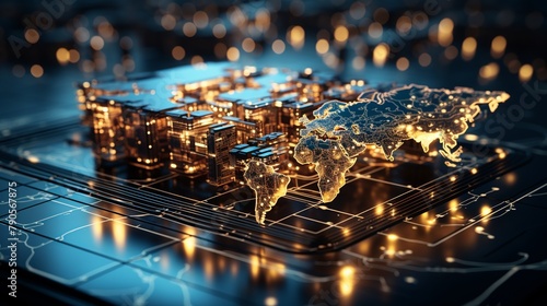 3D rendering of a circuit board with a city in the background