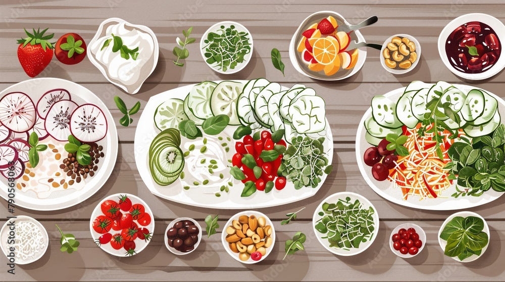 Raw Food Platters Illustration of a beautifully arranged platter of raw foods including sliced fruits sprouts nuts and raw vegetable dips presented elegantly on a minimalist modern table Raw Food Platters Illustration of a beautifully arranged platter of raw foods including sliced fruits sprouts nuts and raw vegetable dips presented elegantly on a minimalist modern table
