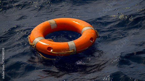 Showcase Maritime Security: A detailed shot of an Orange Lifebuoy afloat, providing a crucial element of safety in the unpredictable embrace of the Open Sea photo