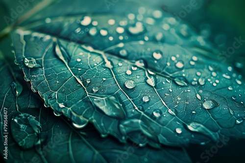 closeup emerald leaf with raindrops or dew wallpaper, bright fresh leaves background, concept of freshness in nature