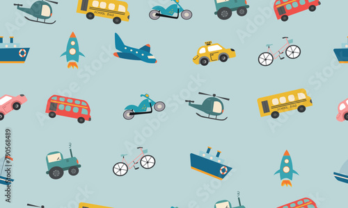 Cute vector transport pattern. Cartoon travel seamless background.
